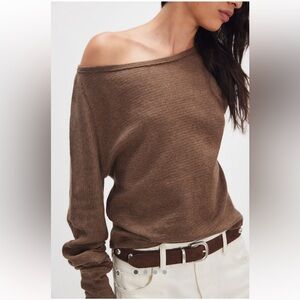 We The Free Chocolate Brown Off-Shoulder Long Sleeve Top